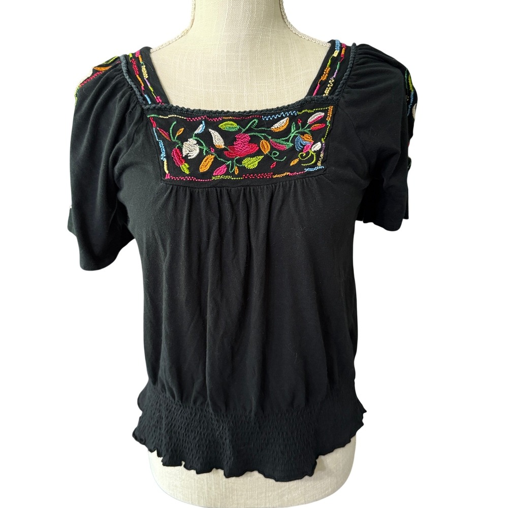 RXB Black Floral Embroidered Square Neck Boho Peasant Blouse Top‎ Shirt Womens M